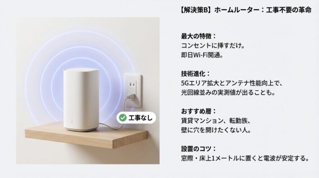 工事不要でコンセントに挿すだけで即日Wi-Fiが開通するホームルーター。窓際に設置することで電波が安定するコツも紹介。