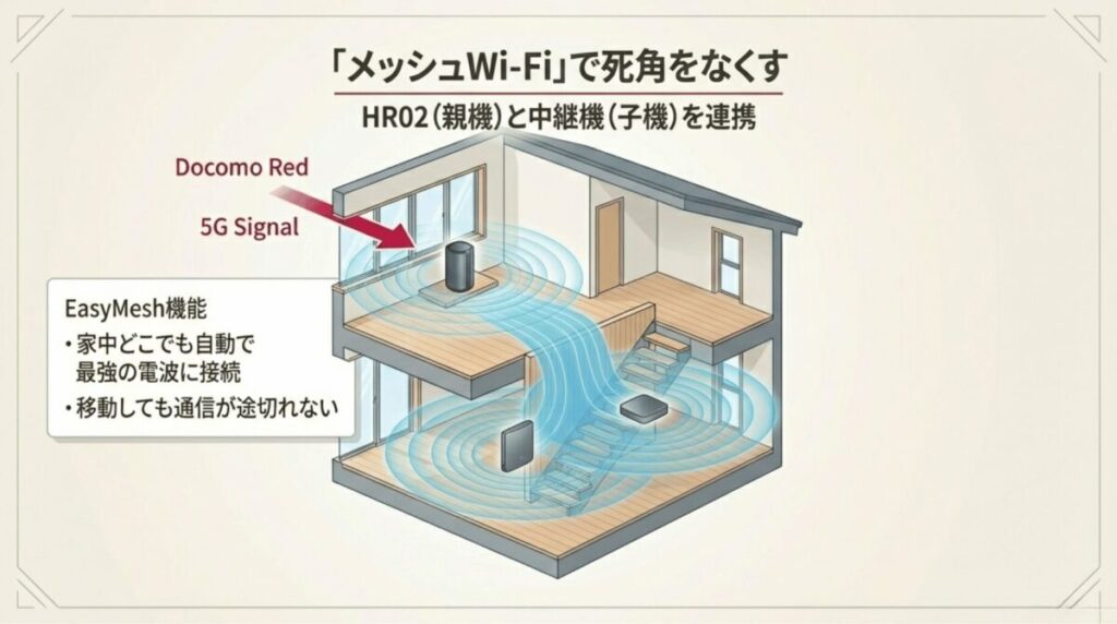 home 5G HR02（親機）と中継機（子機）が連携し、家中で自動的に最適な電波に接続されるメッシュWi-Fiの仕組み。