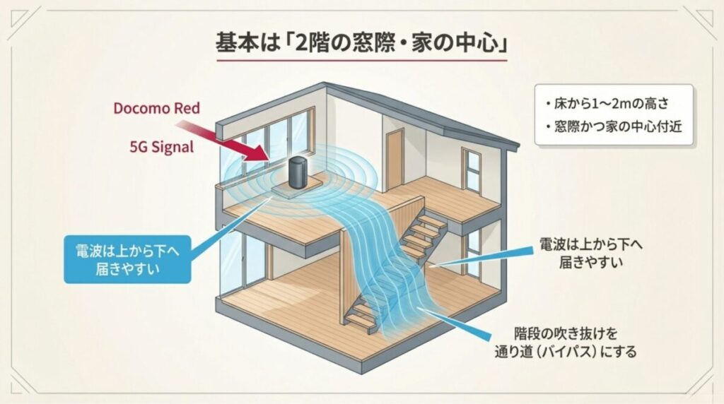 2階の窓際かつ家の中心付近にhome 5Gを設置し、階段をバイパスにして1階へ電波を届ける理想的な配置図。