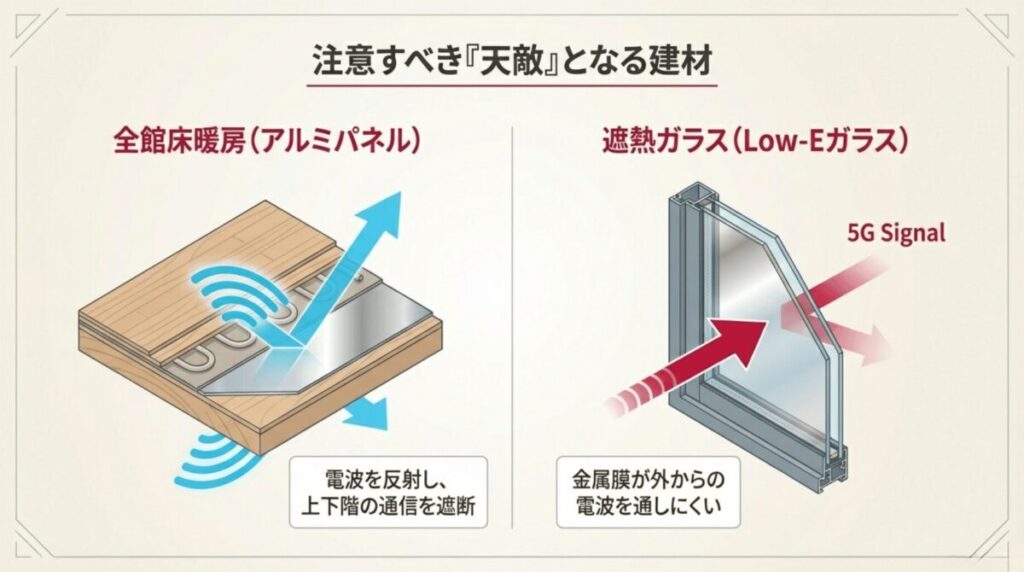 アルミパネルを使用した床暖房が上下階の通信を遮断し、Low-Eガラスが外からの電波を通しにくいことを示す比較図。