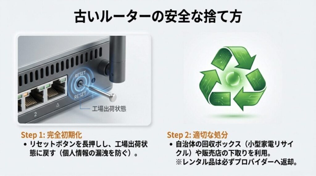 リセットボタン長押しで工場出荷状態に初期化。小型家電リサイクルやレンタル返却の注意点