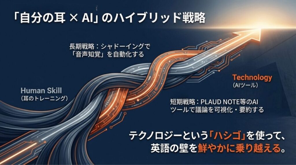 シャドーイングによる長期的な人間スキル向上と、AIツールによる短期的なテクノロジー活用の両輪で英語の壁を乗り越える戦略図。