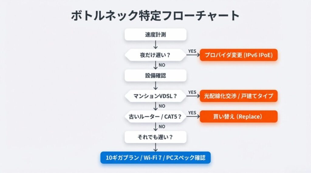 速度計測から始まり、夜だけ遅いか、マンションVDSLか、機器が古いかなどを順に辿って解決策を見つけるためのフローチャート。