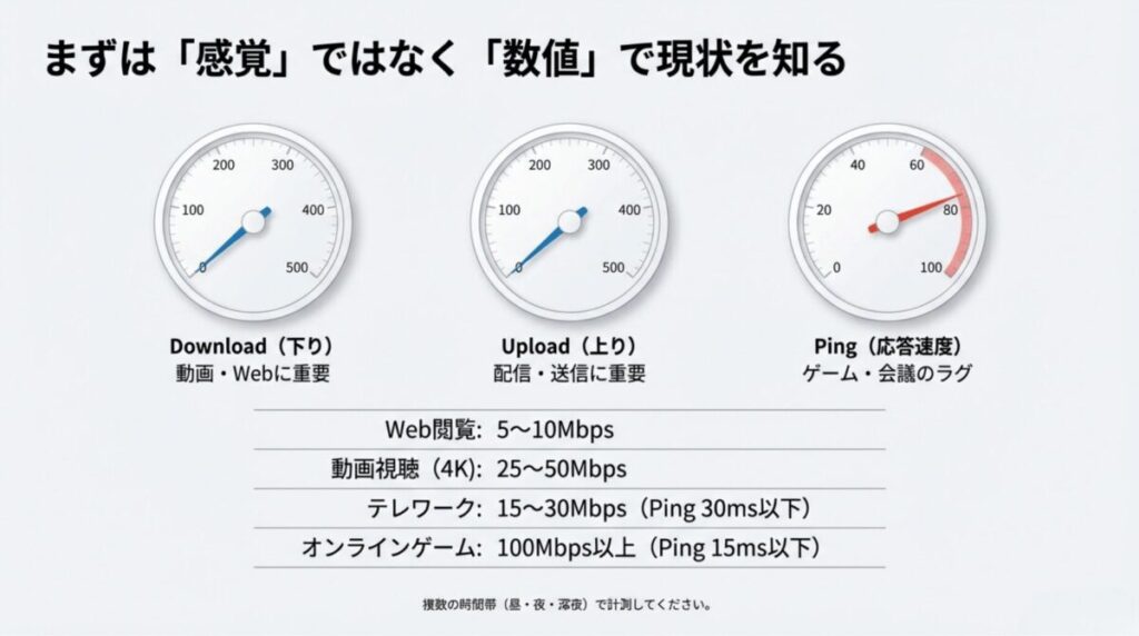 下り・上り速度やPing値の重要性と、Web閲覧からオンラインゲームまでに必要な推奨速度の目安表