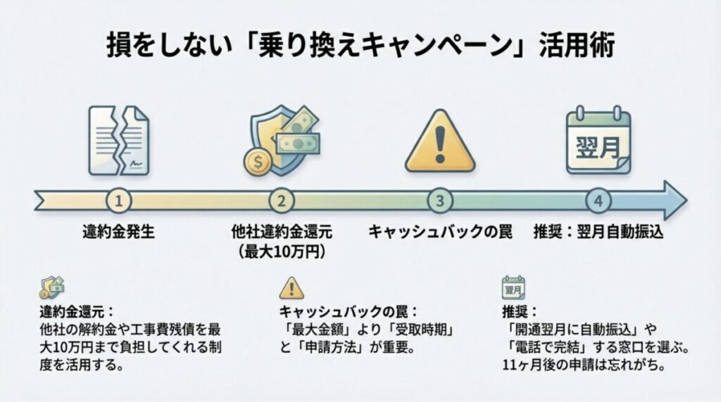 他社違約金還元の仕組みと、受け取り忘れを防ぐための「翌月自動振込」窓口を選ぶ重要性の解説。