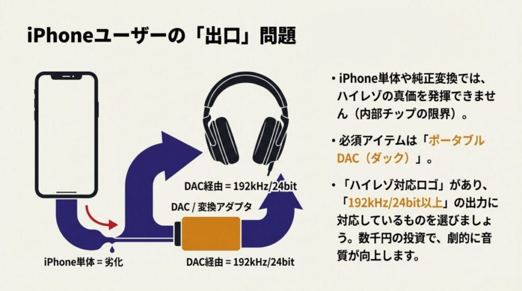 iPhone単体では音が劣化することを示し、ポータブルDACを経由することで192kHz/24bitのハイレゾ出力が可能になる仕組みの図解。