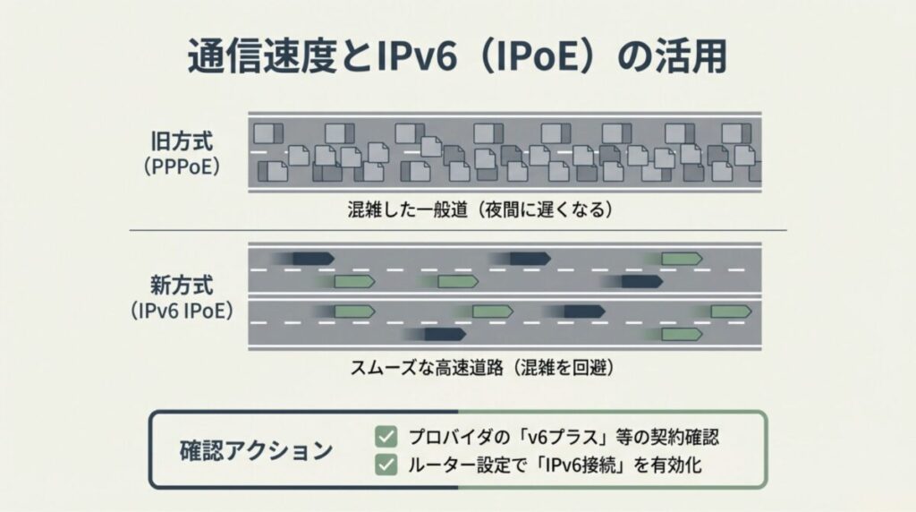 旧方式(PPPoE)の混雑した一般道と、新方式(IPv6 IPoE)のスムーズな高速道路を比較した概念図。
