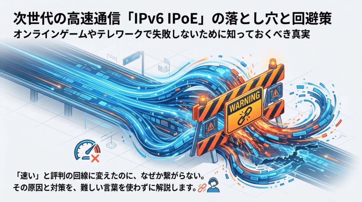 高速通信IPv6 IPoEのメリットだけでなく、オンラインゲームやテレワークで発生するデメリットと回避策を解説する導入スライド