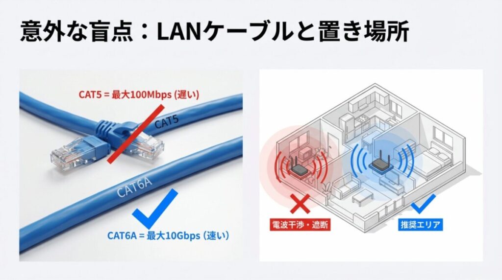 CAT5とCAT6Aの速度差（100Mbps vs 10Gbps）と比較、および電波干渉を避けるルーターの推奨設置エリア