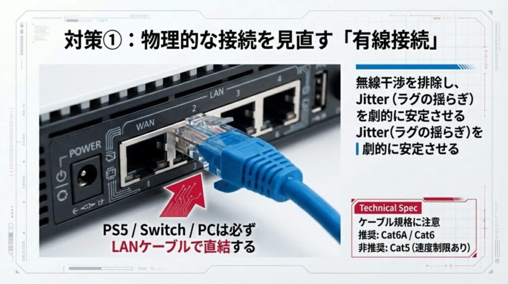 PS5やSwitchをLANケーブルで直結するメリットと、推奨ケーブル規格（Cat6/6A）の解説画像