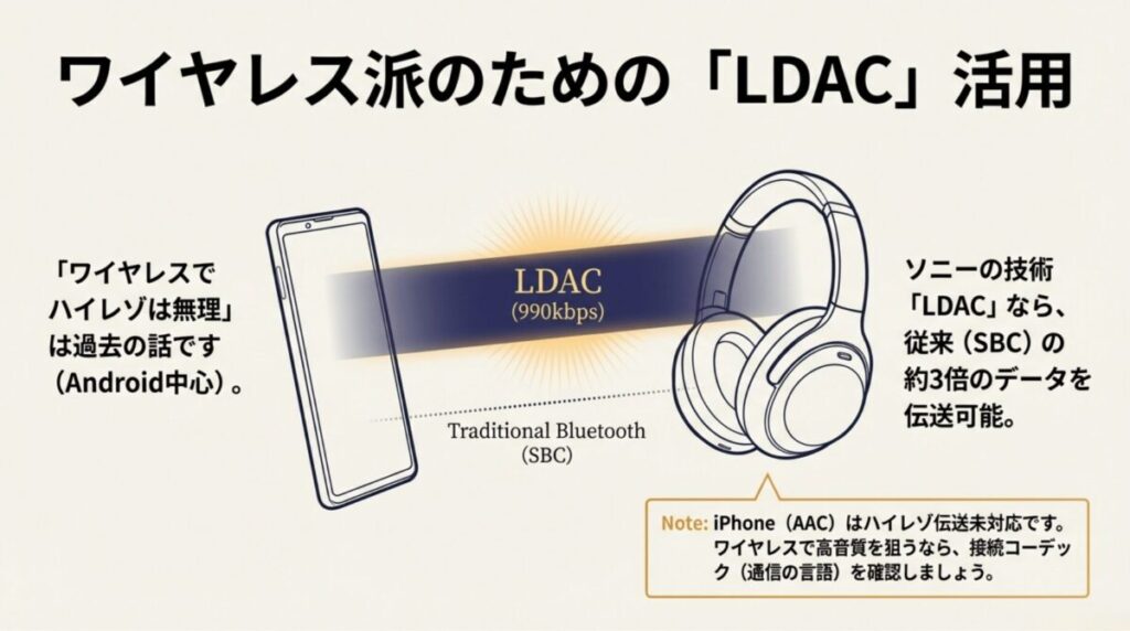 ソニーのLDAC技術が従来のSBCの約3倍のデータを伝送できることを示すワイヤレスヘッドホンのイラストと解説。