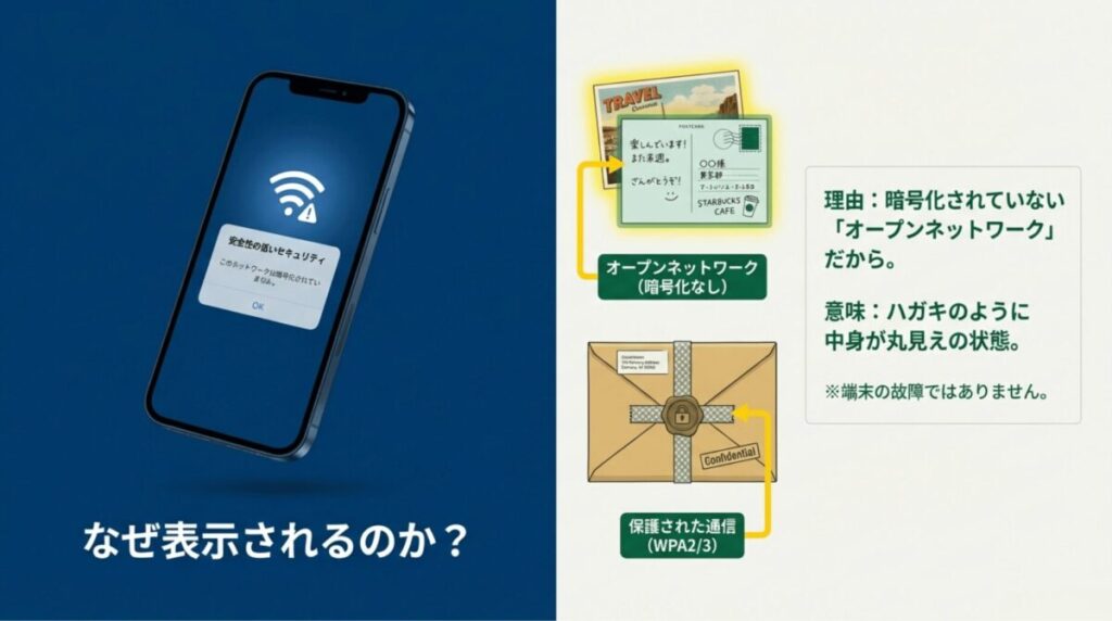 スタバWi-Fiがオープンネットワークであり、通信がハガキのように中身が見える状態であることを示す図解。