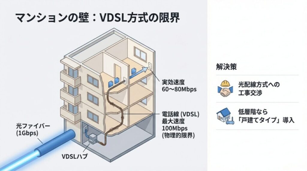 マンションのVDSL方式の図解。光ファイバーが建物まで届いても、宅内が電話線（VDSL）のため最大100Mbpsが物理的限界であることを示す図。