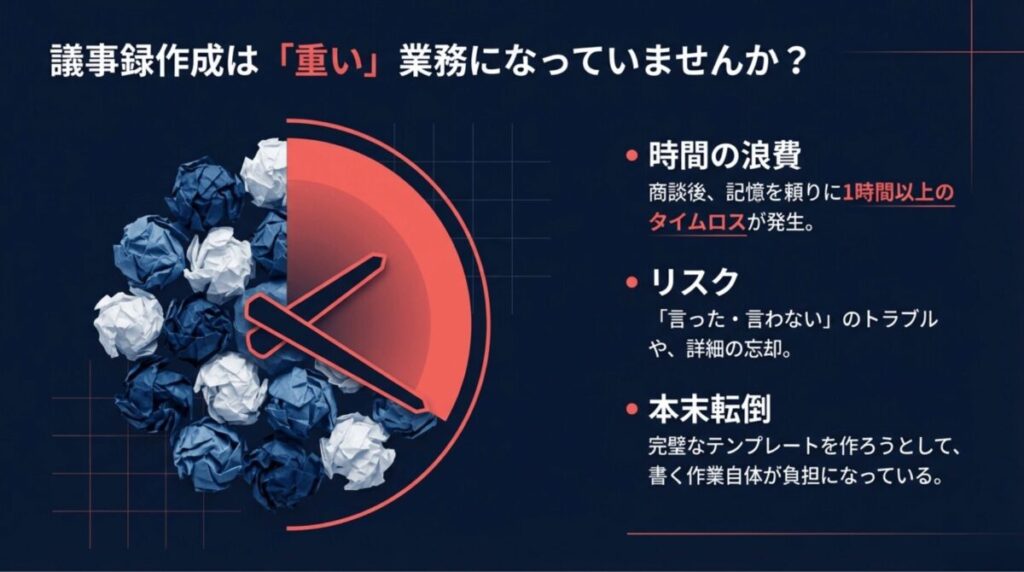 1時間以上のタイムロスや「言った・言わない」のトラブルなど、手動での議事録作成が業務の負担になっている図解。