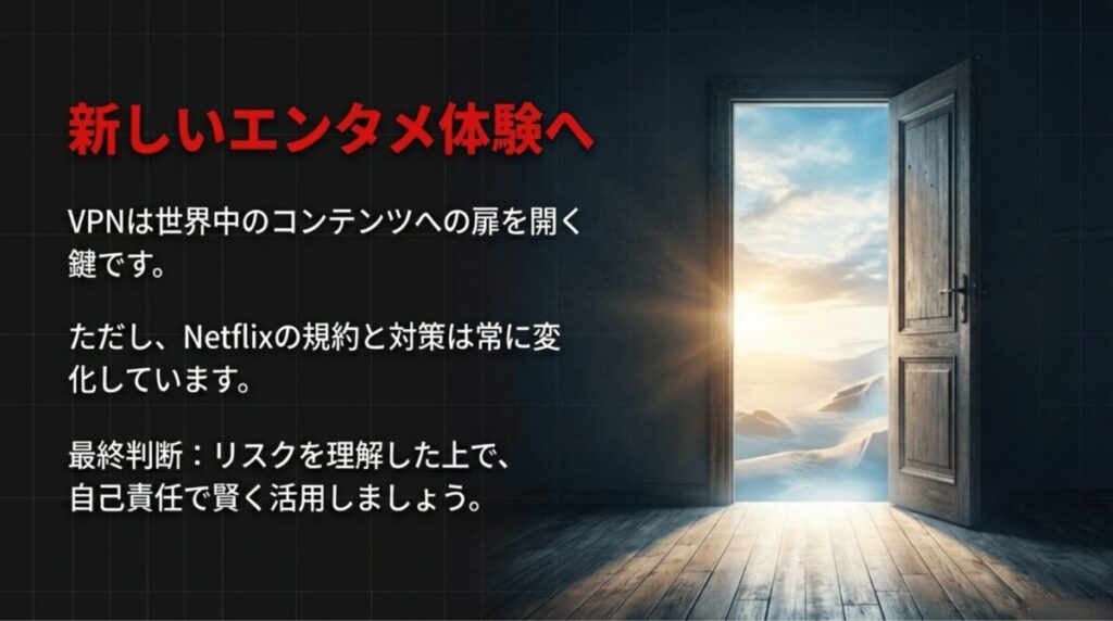 「新しいエンタメ体験へ」というメッセージと共に、自己責任での賢い活用を促す結びの言葉。