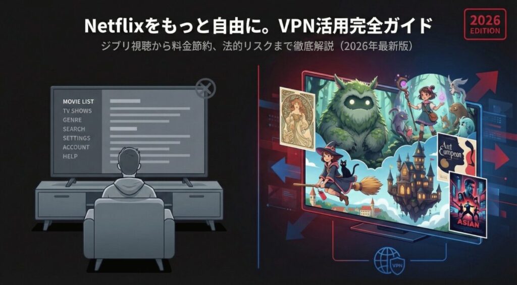 日本・米国・カナダ以外でジブリが配信中であることと、VPNで韓国やイギリスのサーバーに繋ぐ解決策を示す図解。