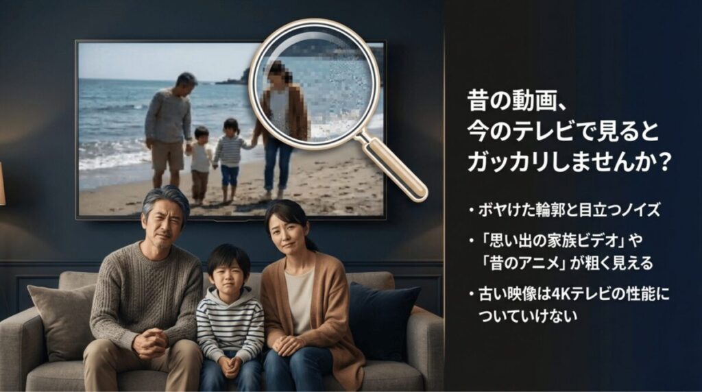 4Kテレビで古い家族のビデオを見ると画質が粗くボヤけて見えるという、ユーザーの共通の悩みを表現したイメージ画像。