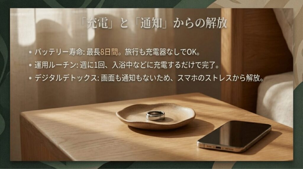 週に1回の充電で済む運用ルーチンと、画面・通知がないことによるストレス軽減のメリット