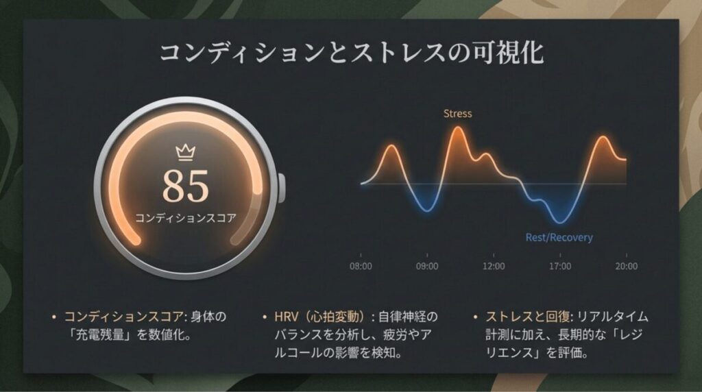 身体の充電残量を示すコンディションスコアと、日中のストレス・回復の推移グラフ