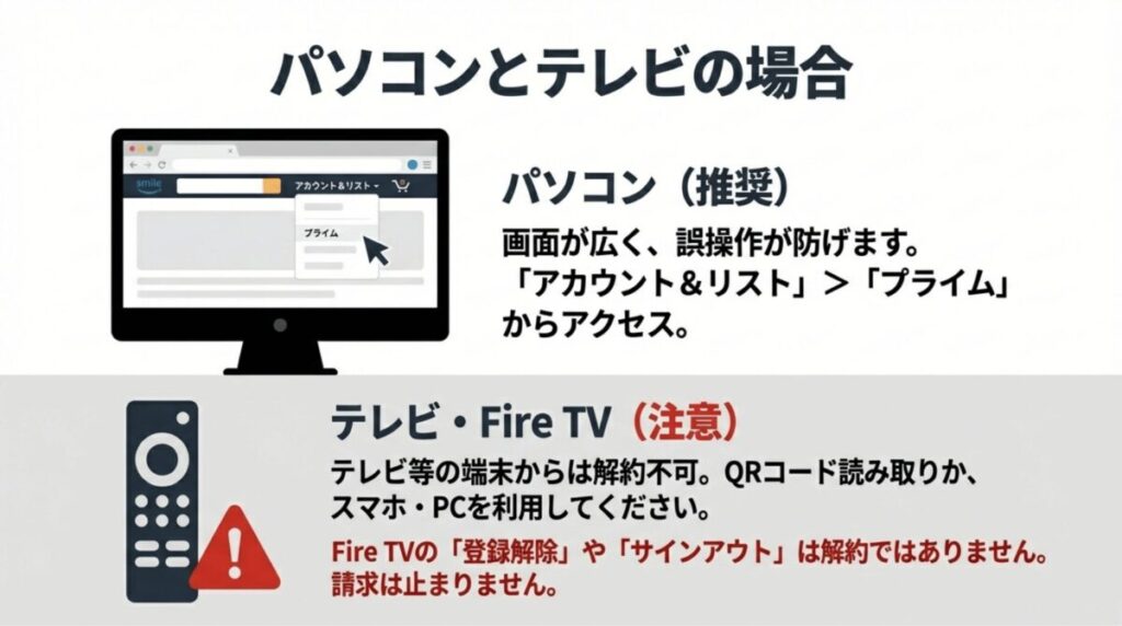 パソコン推奨の理由と、テレビ(Fire TV等)からは直接解約できないことを示す比較図