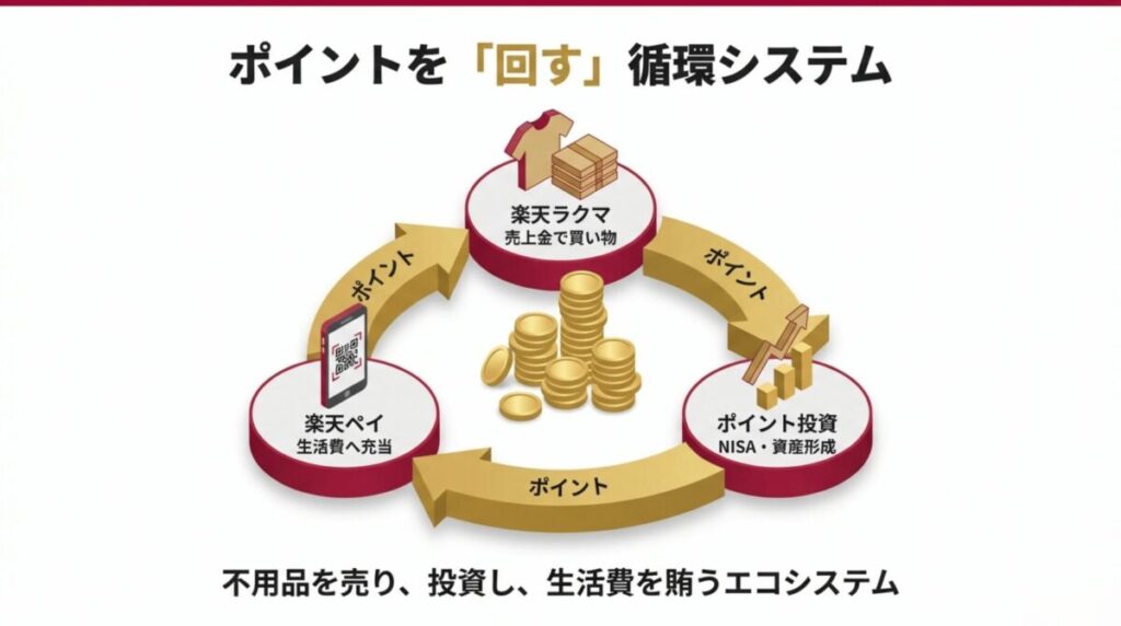 楽天ペイ、楽天ラクマ、ポイント投資を組み合わせて資産を増やす循環システムの図解