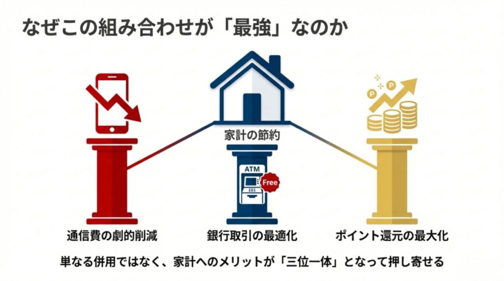 楽天モバイルと楽天銀行の併用により、通信費の劇的削減、銀行取引の最適化、ポイント還元の最大化が三位一体で実現することを表す図解