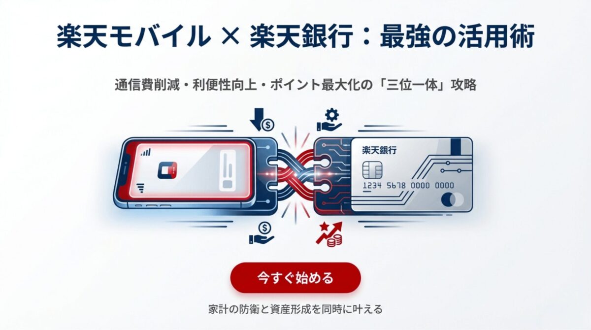 楽天モバイルと楽天銀行のロゴが連携し、家計の防衛と資産形成を同時に叶えるイメージ