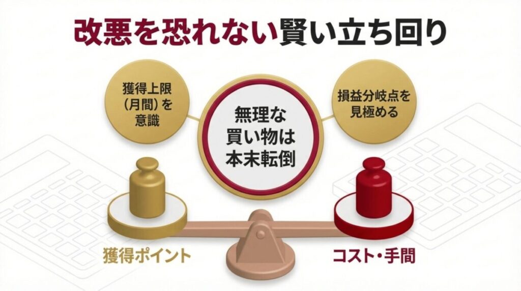 獲得上限ポイントとコスト・手間を天秤にかけ、無理のない買い物を推奨する比較図