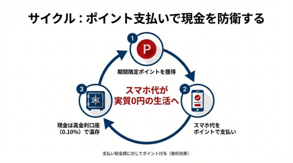 期間限定ポイントでスマホ代を支払い、浮いた現金を高金利口座で温存する複利効果のサイクル図