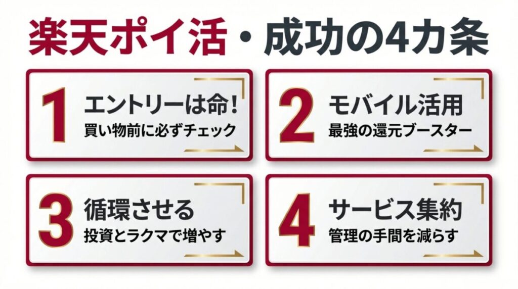 エントリー、モバイル活用、循環、管理の手間削減という楽天ポイ活成功のための4つのポイント