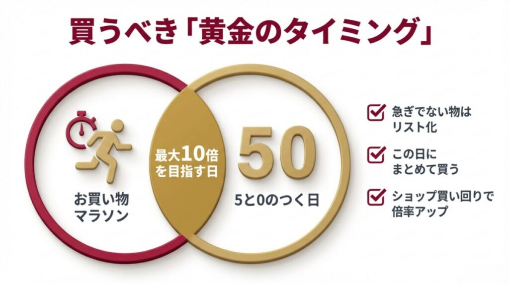 お買い物マラソンのショップ買いまわりと5と0のつく日を組み合わせたポイント最大化の術