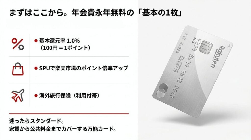 楽天カード（スタンダード）の基本スペック。還元率1.0％、SPUでのポイントアップ、利用付帯の海外旅行保険の紹介。