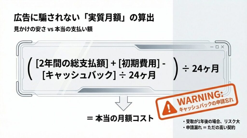 キャッシュバックや初期費用を含めた、2年間利用時の本当の月額コストを算出する計算式の解説。
