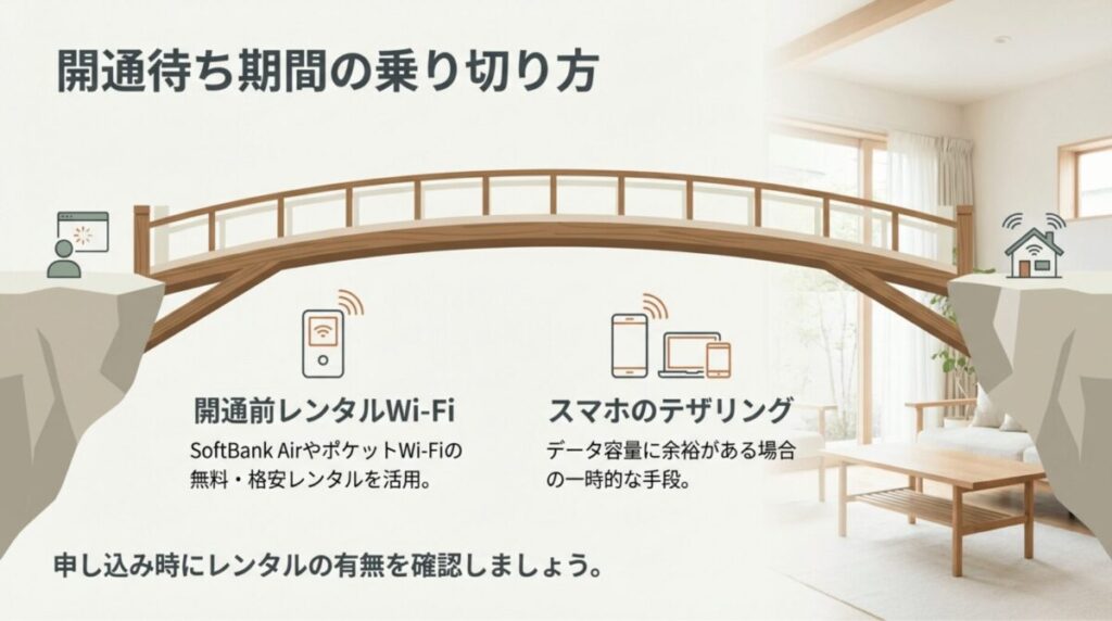 光回線が開通するまでの期間、レンタルWi-Fiやスマホのテザリングを活用してネット環境を確保する方法の紹介。