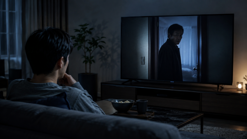 連続ドラマW「災」の不穏なサスペンス作品を自宅のテレビで視聴するイメージ