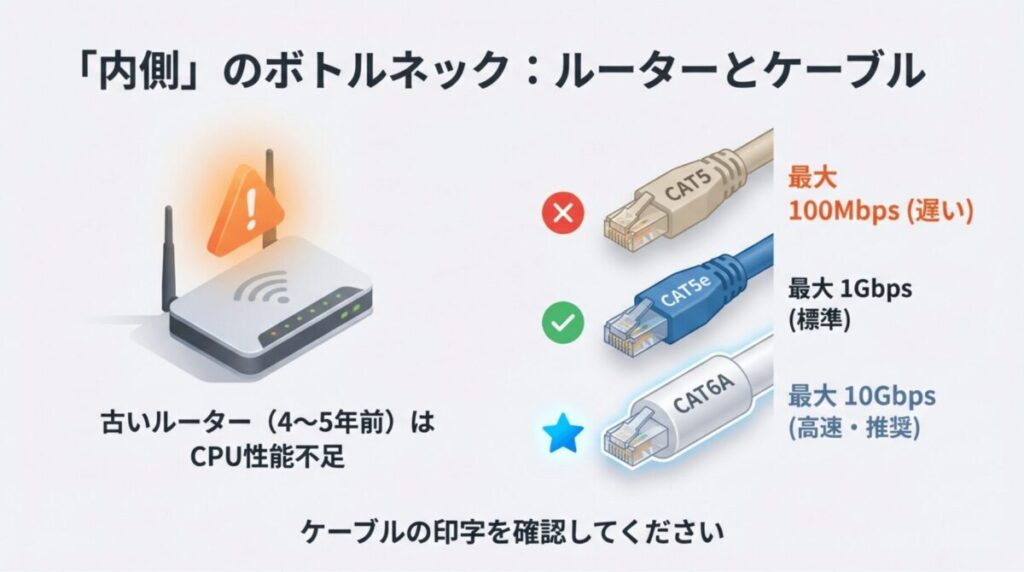 LANケーブルの規格（CAT5/5e/6A）による最大速度の違いと、古いルーターのCPU性能不足がボトルネックになることの解説。