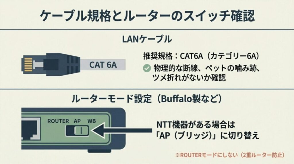 背面スイッチのAPモードへの切り替え方法と、推奨されるCAT6A規格のLANケーブルについての解説。