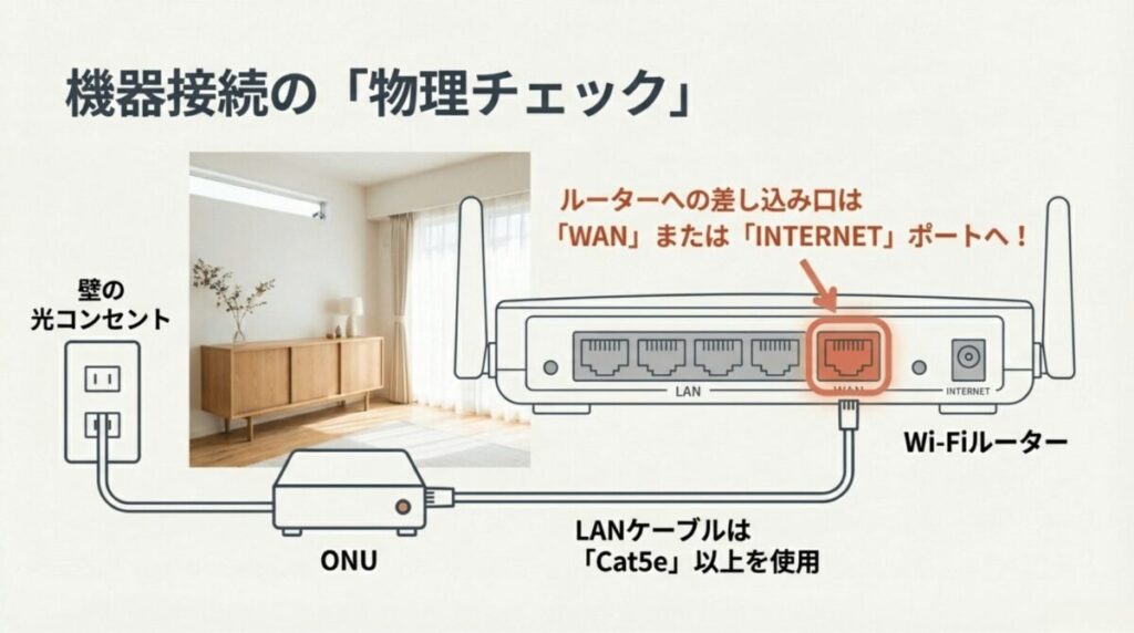壁の光コンセントからONU、そしてルーターのWAN/INTERNETポートへCat5e以上のLANケーブルで接続する図解。