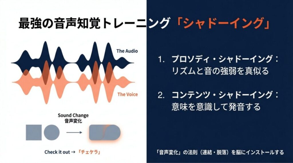 音声波形のイメージと共に、プロソディ・シャドーイングとコンテンツ・シャドーイング、および音声変化(連結・脱落)のインストールを解説するスライド。