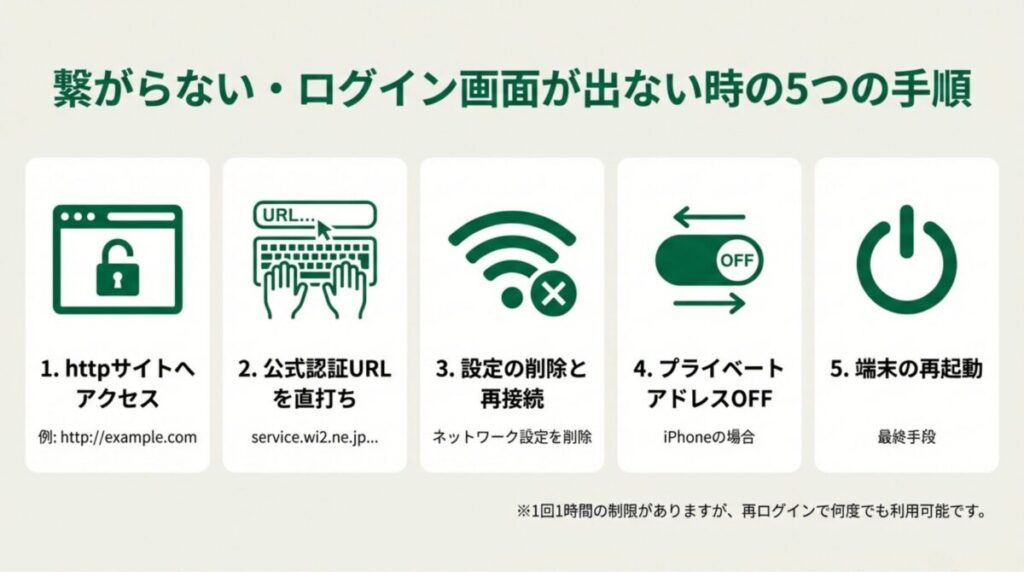 ログイン画面が出ない時に試すべき、URL直打ちや設定削除、再起動などの5つのステップをまとめたアイコン図。