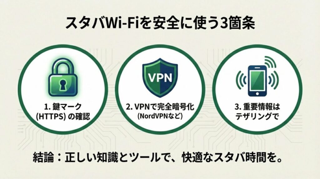 HTTPSの確認、VPNの活用、重要情報はテザリングという、安全にスタバWi-Fiを使うための3つの結論。
