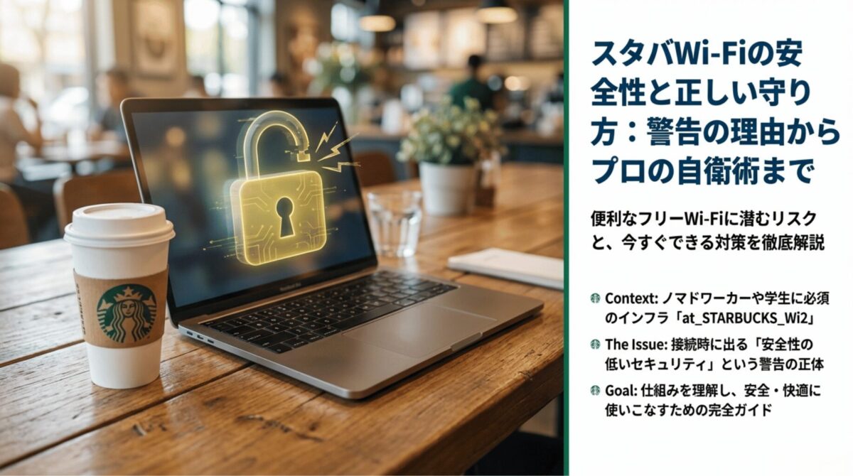 スターバックスの店内でノートパソコンとコーヒーが置かれ、画面に南京錠のアイコンが表示されているイメージ図。