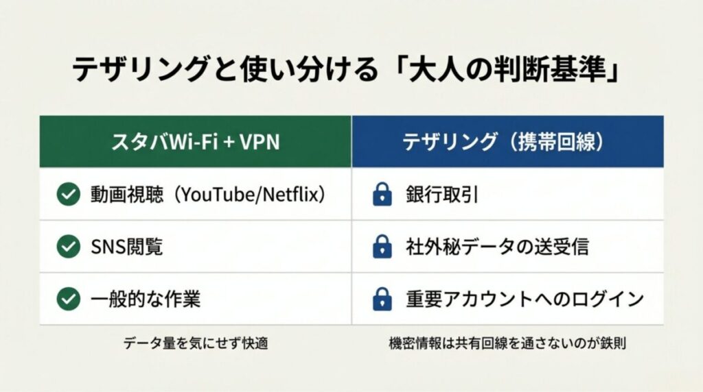 動画視聴やSNSはWi-Fi、銀行取引や機密データはテザリングといった、作業内容に応じた回線の使い分け表。
