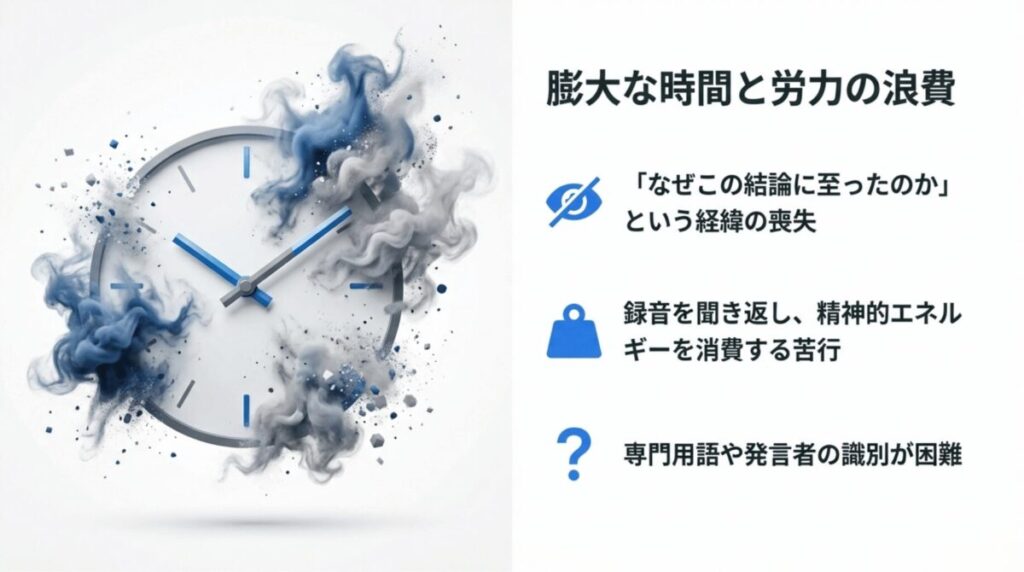 膨大な時間と労力の浪費、経緯の喪失、精神的エネルギーの消費、話者の識別困難という会議記録の課題