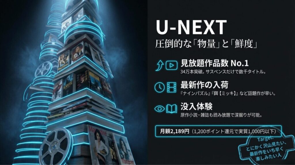 U-NEXTの見放題作品数34万本突破、最新作『ナインパズル』等の入荷の早さ、雑誌読み放題の解説