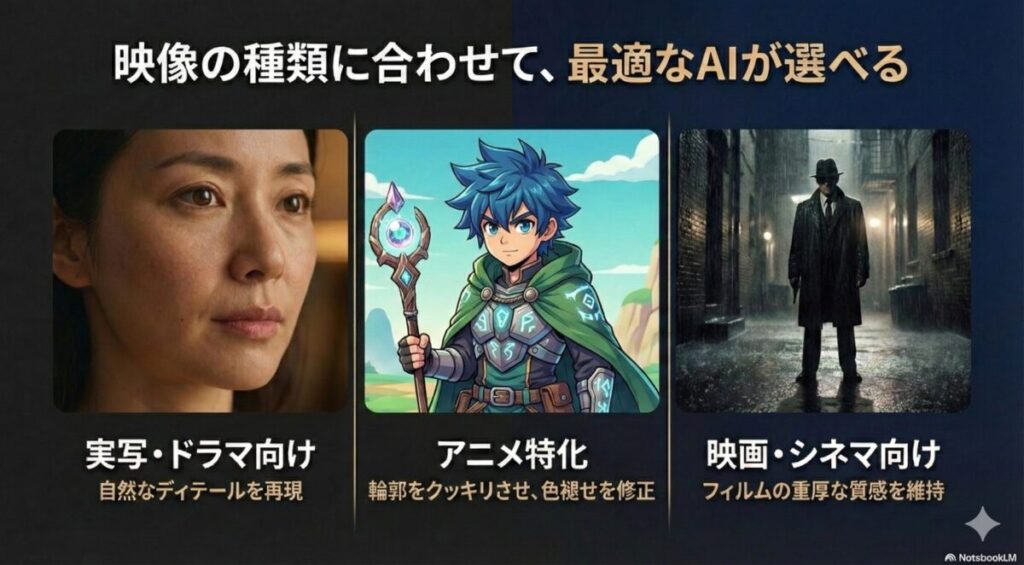 実写ドラマ向け、アニメ特化、映画・シネマ向けなど、コンテンツの種類に合わせて選択可能なUniFabのAIモデルの紹介。