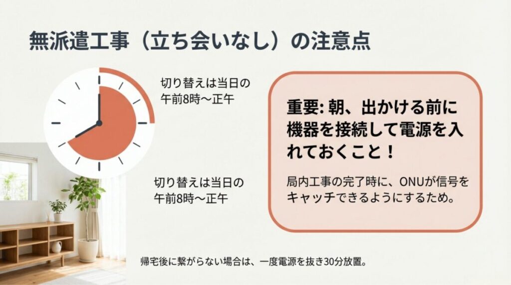 無派遣工事の切り替えは当日午前中に行われるため、朝に機器を接続しておくべき理由と繋がらない時の対処法。