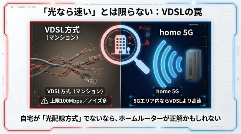 マンションのVDSL方式（上限100Mbps）とhome 5Gを比較し、5Gエリア内ならホームルーターの方が速い可能性を示す図解