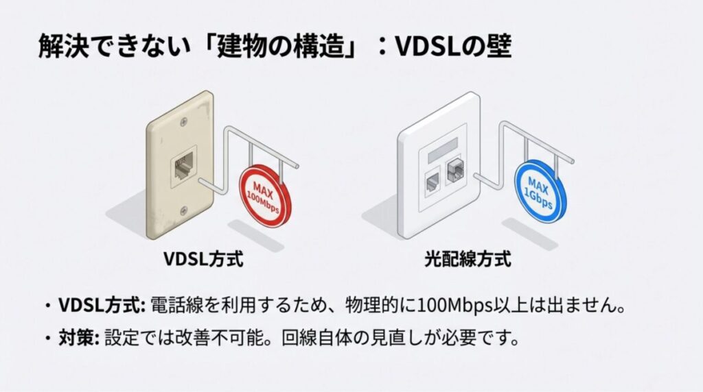 電話線を利用するVDSL方式は物理的に100Mbpsが上限であり、設定では改善できないという構造上の説明