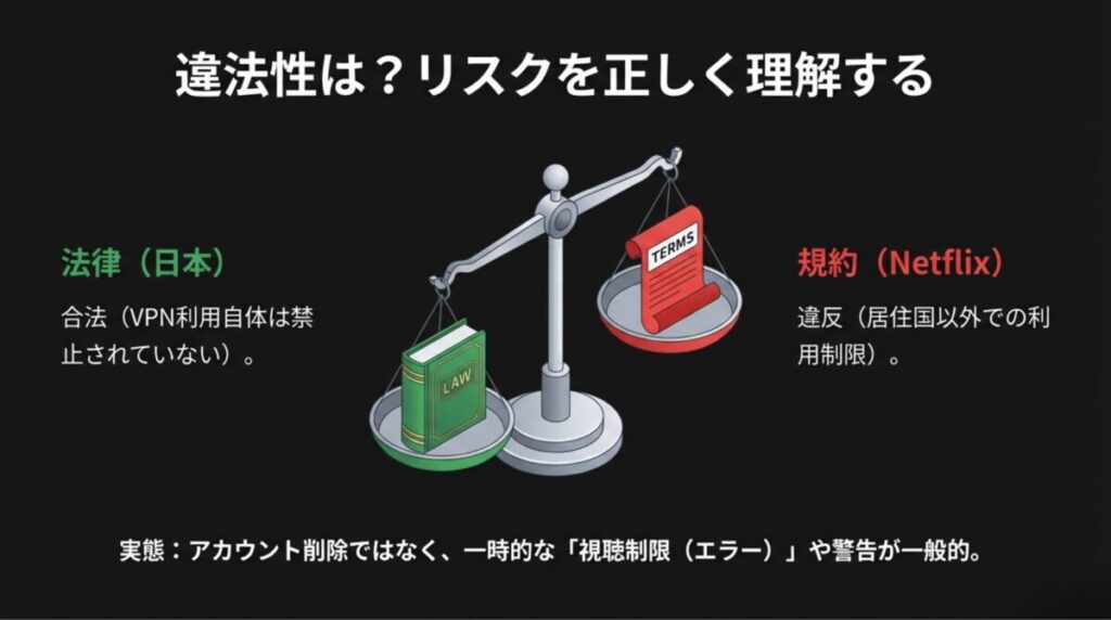 日本の法律では合法だがNetflix規約には違反することを天秤で表した図。